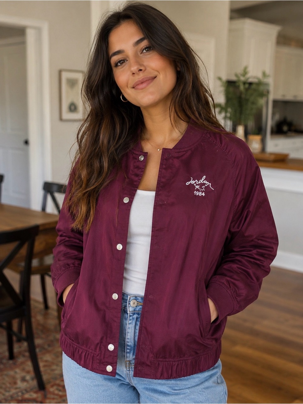 1984 Embroidered Burgundy Bomber Jordan Jacket - Women Size L